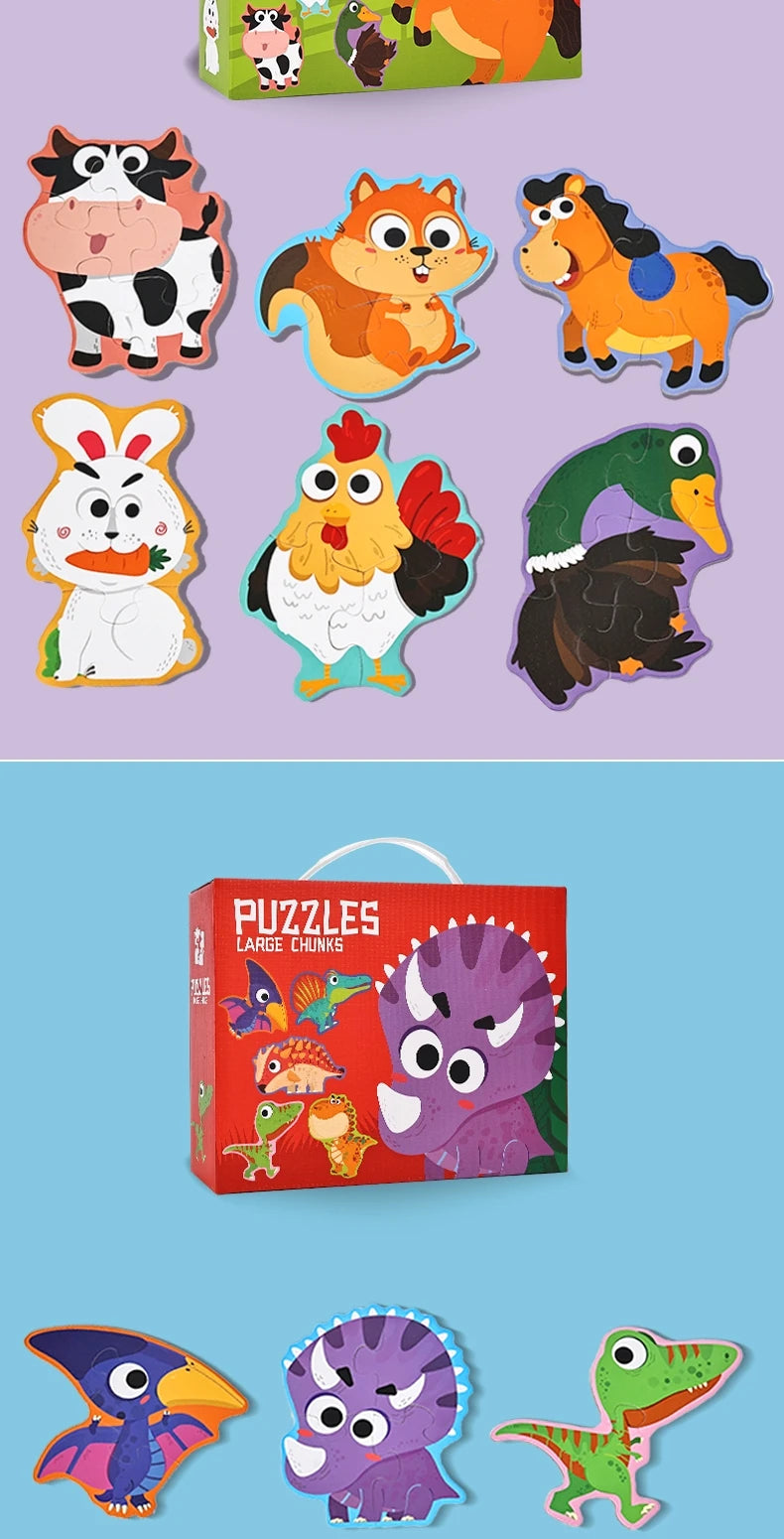 A box of large chunk puzzles featuring various animal and fairy tale characters.