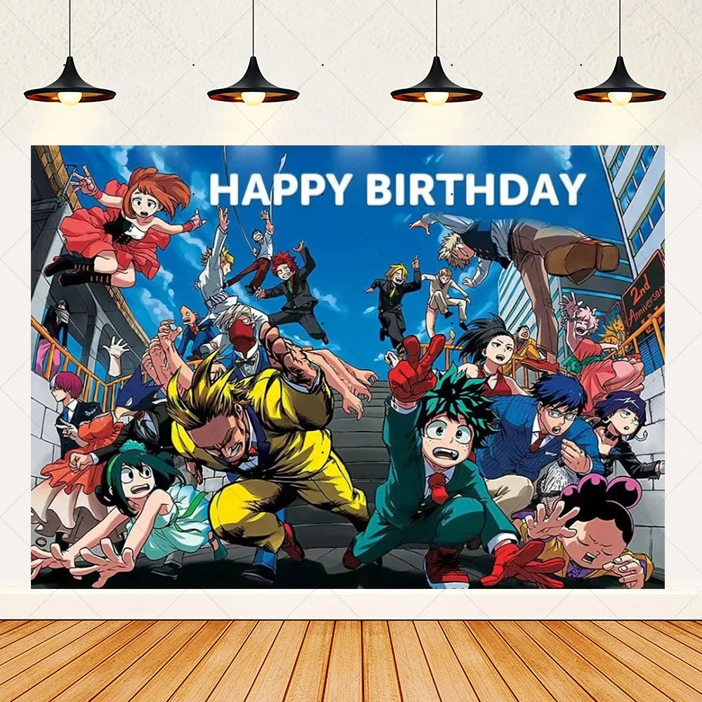 A vibrant illustration of various anime characters celebrating a happy birthday with a superhero theme.