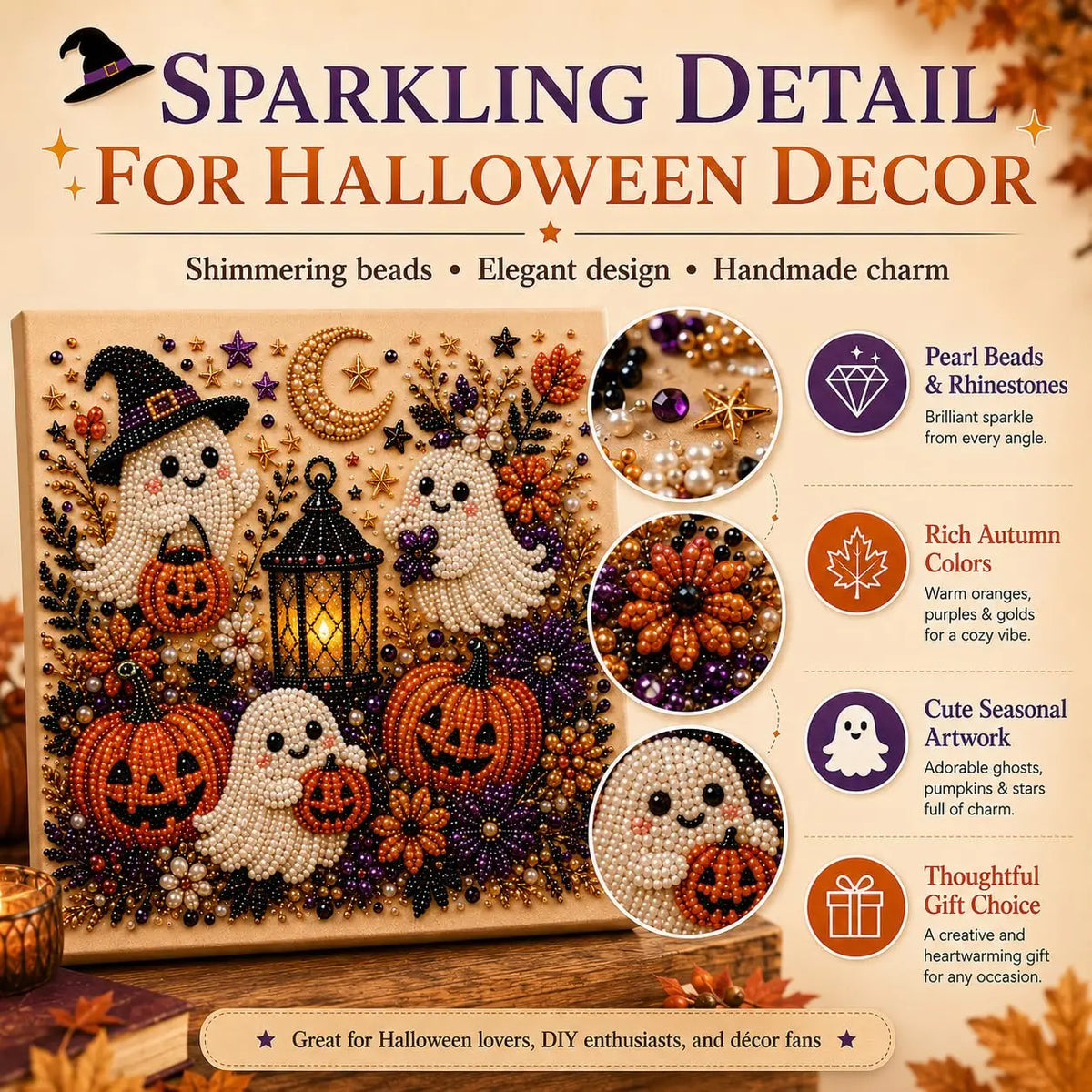 A DIY kit featuring Halloween ghost and pumpkin art made with shimmering pearl beads for seasonal decor