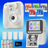 A white instant print camera is shown with film cartridges and a printed photo of a child.