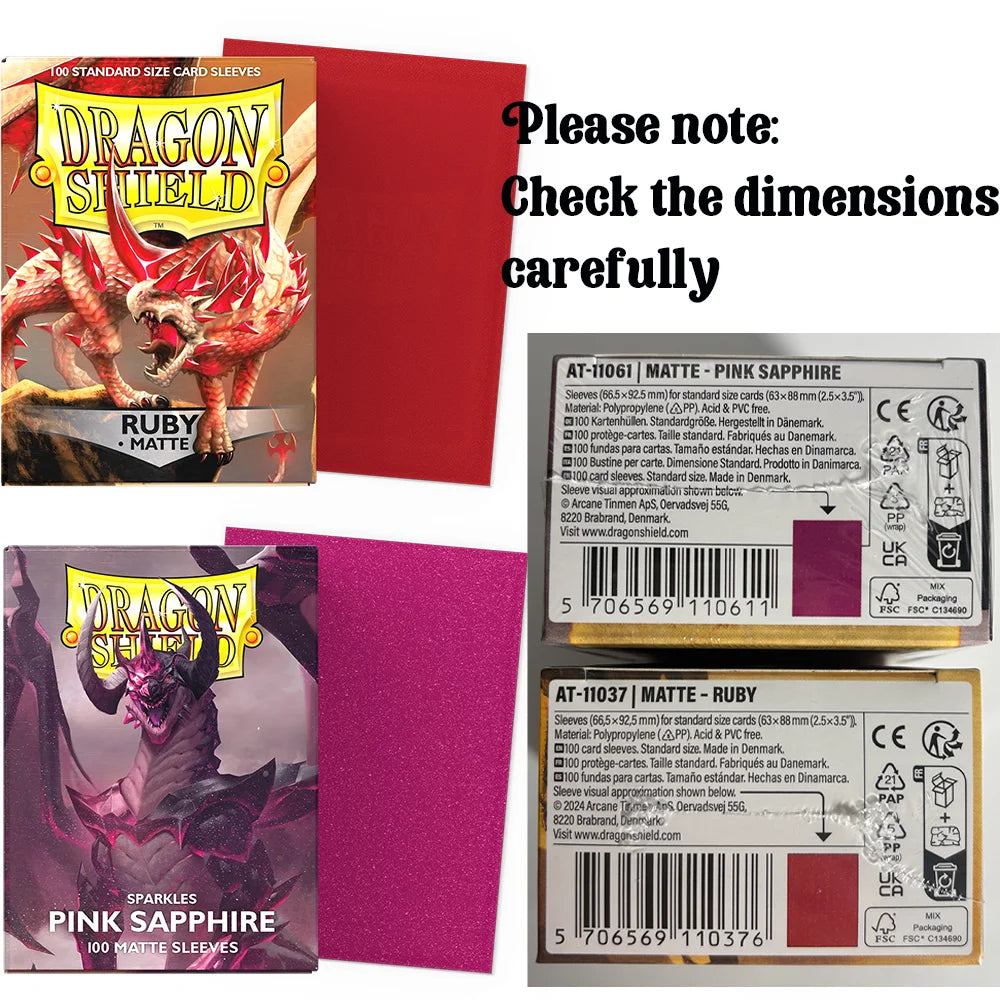 A set of Dragon Shield matte card sleeves in pink and ruby colors displayed next to the product packaging.