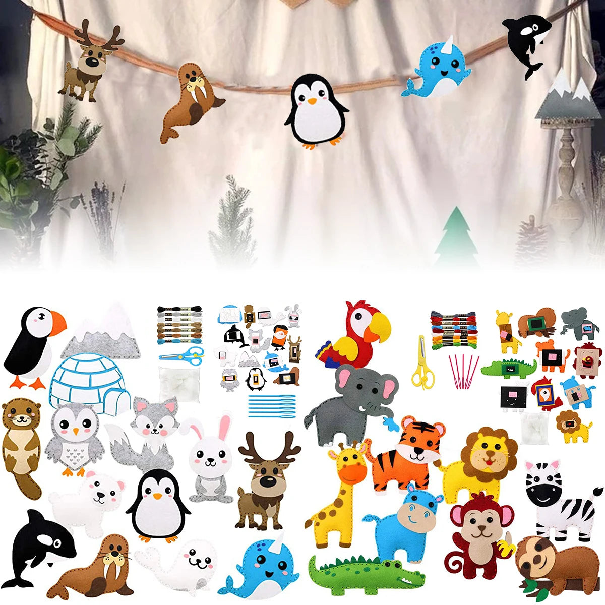 A collection of felt woodland animals including bears, owls, foxes, and other creatures for a sewing kit.