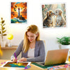 A woman is painting a diamond art piece featuring a cat under a starry night sky.