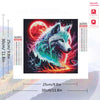Diamond painting kit featuring a wolf howling under a large red moon with vibrant colors.
