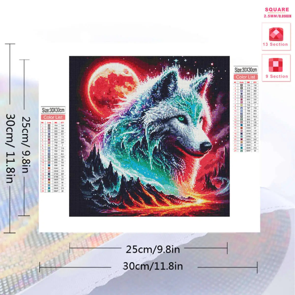 Diamond painting kit featuring a wolf howling under a large red moon with vibrant colors.