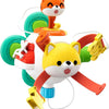 A colorful Montessori sensory busy board cube toy featuring orange and yellow fox figures and various educational components.