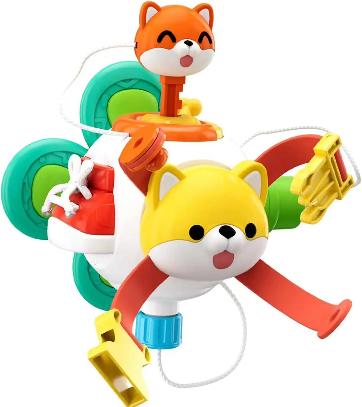 A colorful Montessori sensory busy board cube toy featuring orange and yellow fox figures and various educational components.
