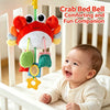 An adorable orange crab plush toy with hanging straps and rattles for baby comfort and fun