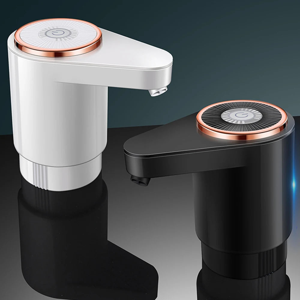 A white electric water dispenser pump with a metallic top and a black base, shown in a side view.
