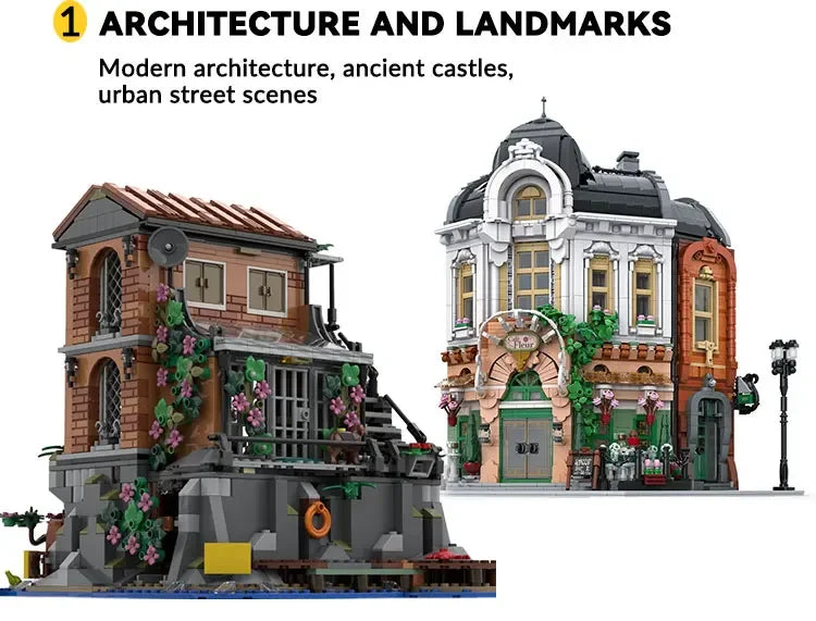 Modèle d'un bâtiment historique mêlant architecture moderne, châteaux anciens et scènes de rues urbaines construites avec des