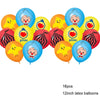 A set of 16 blue and yellow latex balloons featuring circus clown faces for party decorations.