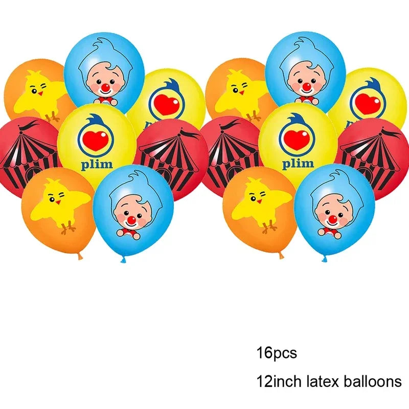 A set of 16 blue and yellow latex balloons featuring circus clown faces for party decorations.