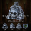 A gray stone Aztec death whistle skull shown from the front, side, back, and top views.