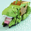 A green T-Rex dinosaur toy car with an open mouth and sliding features is shown on a light blue surface.
