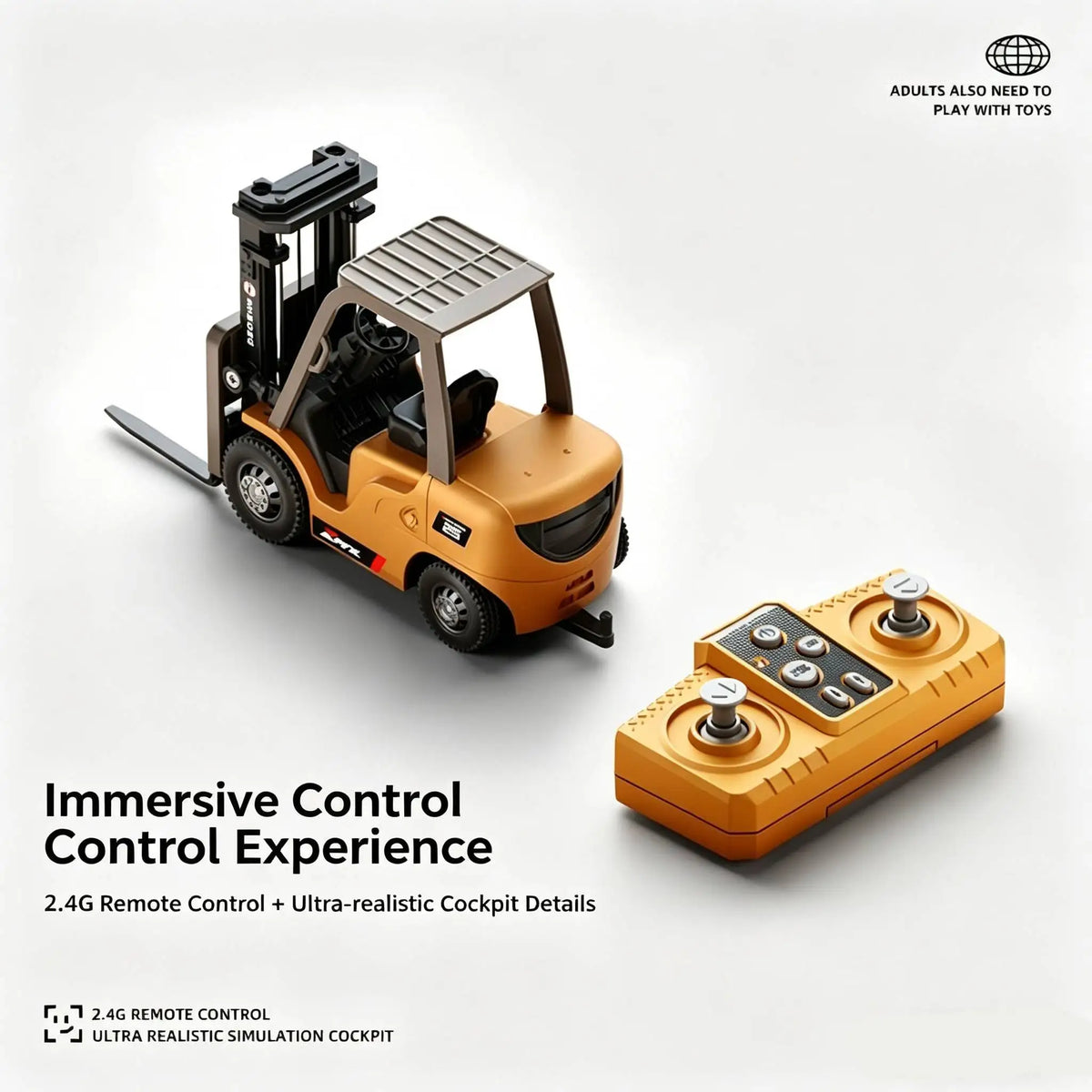 A yellow mini remote controlled construction vehicle set featuring a bulldozer, forklift, and excavator.