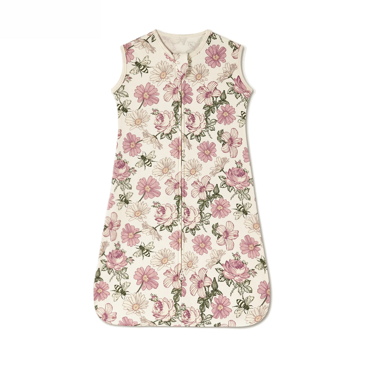 A sleeveless cotton baby sleeping bag sack with a floral print featuring pink and green roses on a cream background.