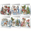 Six greeting cards featuring deer and snowmen in a diamond art style for Christmas