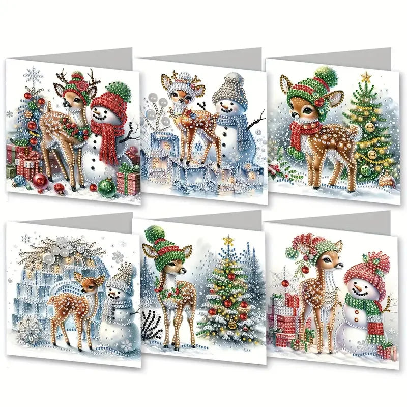 Six greeting cards featuring deer and snowmen in a diamond art style for Christmas