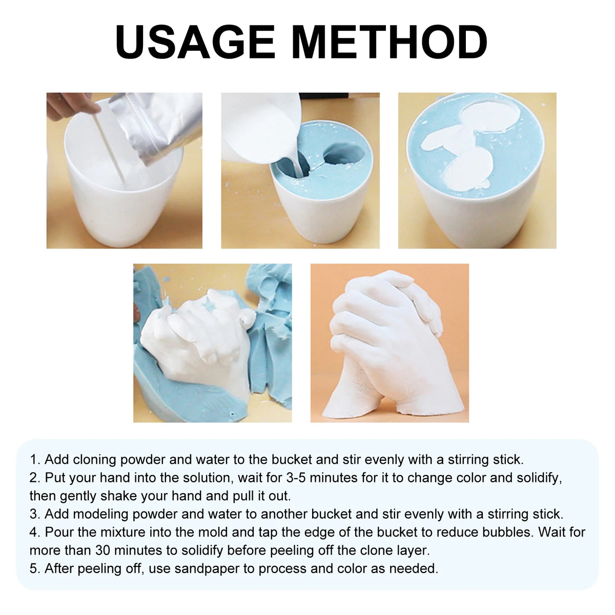 Instructions showing the usage method for a 3D hand casting kit, including mixing powder and water and molding a hand.