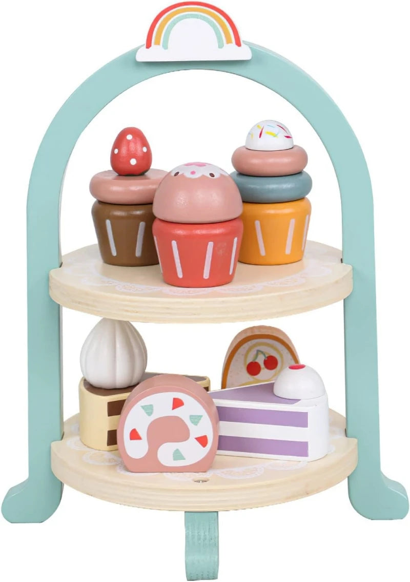 A wooden pretend play tea party set featuring pink and yellow food items displayed on a light blue arch stand.