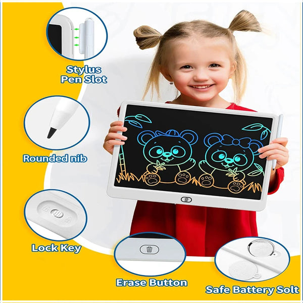 A young girl holds a white LCD drawing tablet with various accessories like a stylus, nub, lock key, erase button, and batter