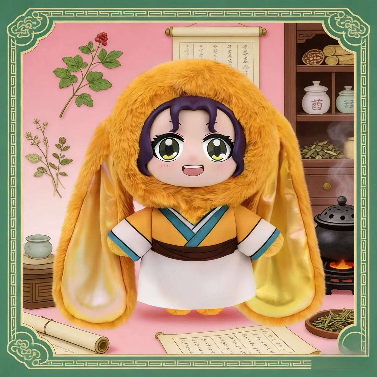 A plush blind box featuring a character in traditional attire with long yellow fur hood and purple hair.