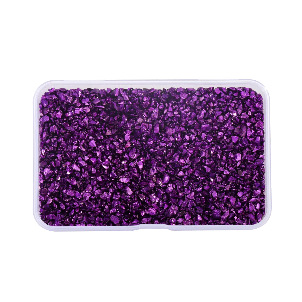A clear plastic container filled with crushed purple glass stones for resin and craft projects