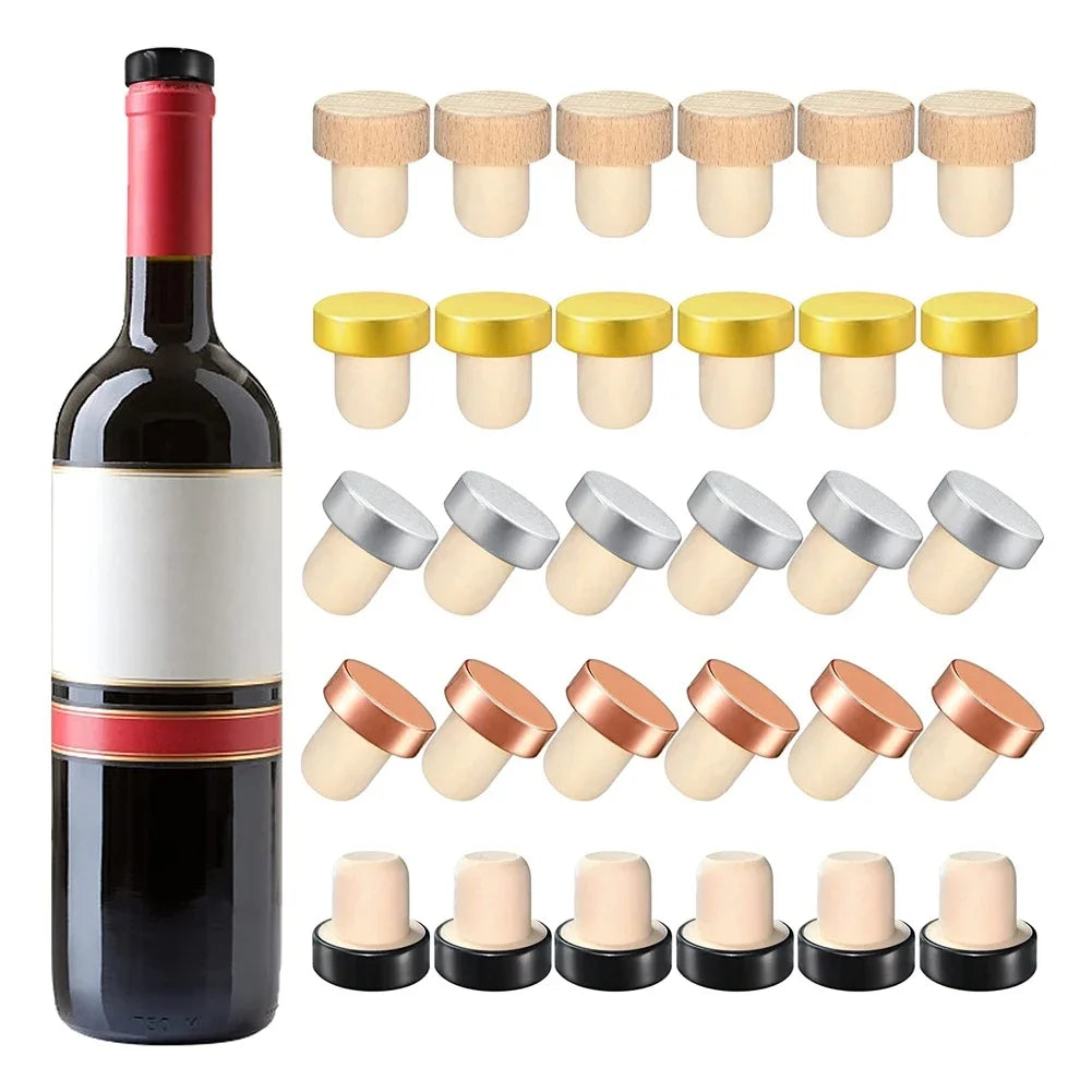 A set of ten reusable T-shaped wine bottle stoppers with wooden and metal caps shown in various colors.