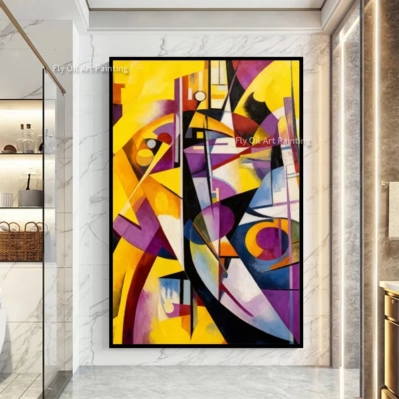 A vibrant abstract painting featuring bold strokes of yellow, purple, black, and white on canvas.