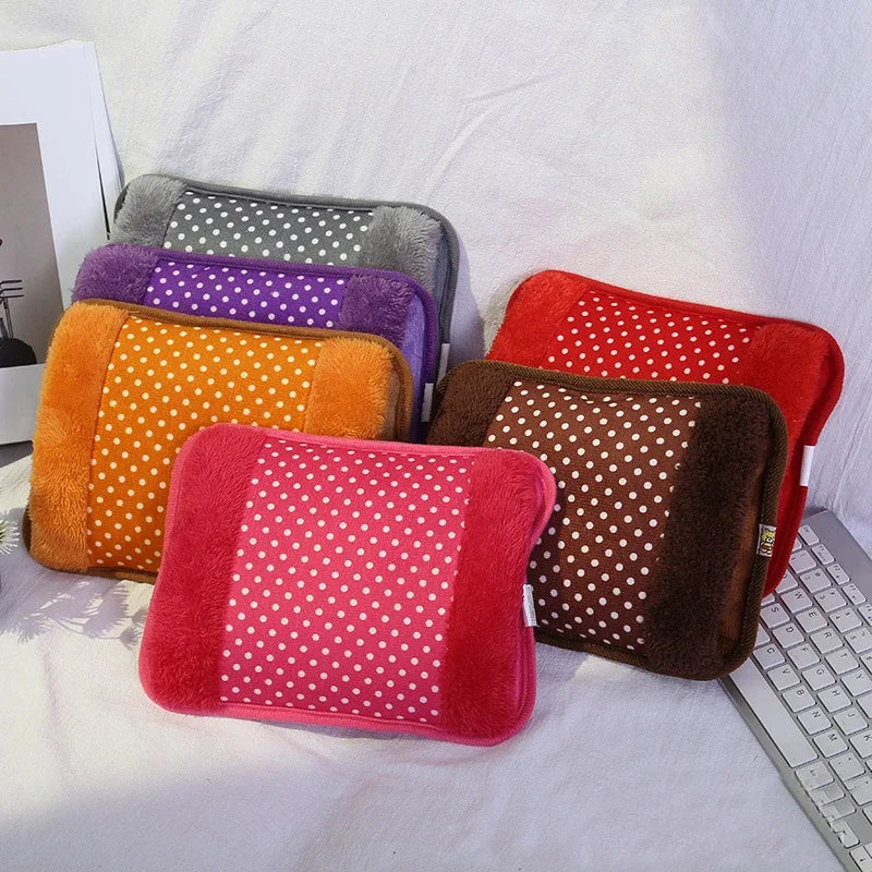 A collection of colorful, soft-covered rechargeable hot water bottles arranged on a white surface.