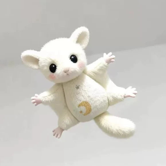 A white plush mouse with large eyes and a small gold crescent moon detail.