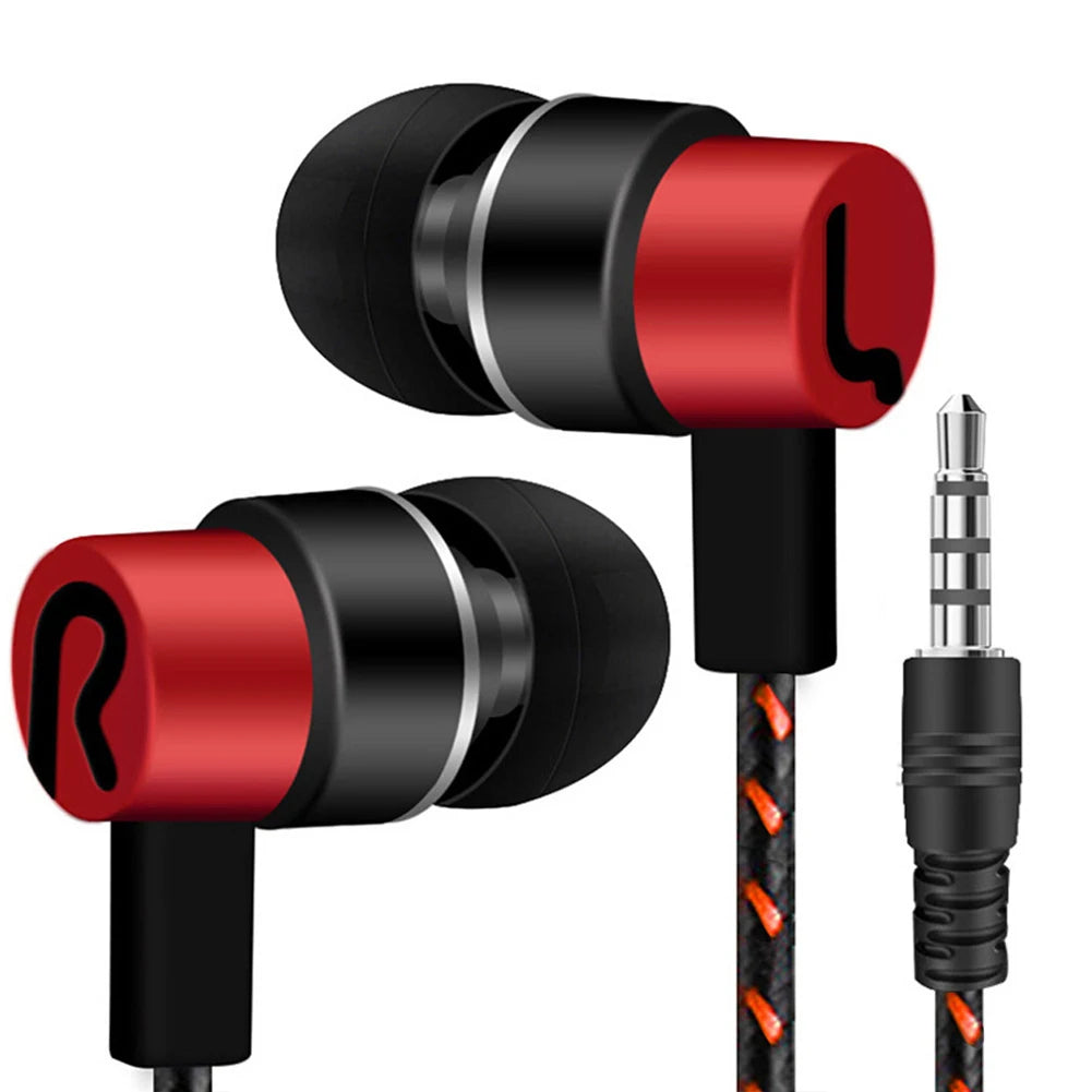A pair of red and black in-ear wired earbuds with a detachable connector.