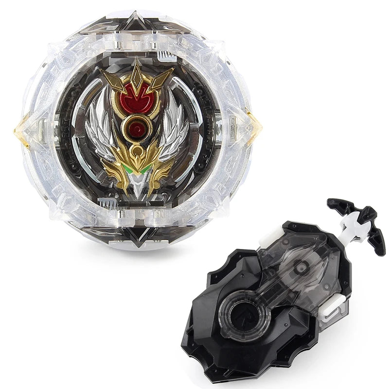 A clear plastic spinning top battle set featuring a metallic design with a red and gold emblem.