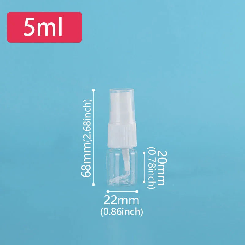 A clear glass refillable travel spray bottle with a white pump and a 5ml volume marker.