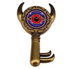 A vintage brass enamel pin brooch featuring a stylized eye design with blue and red accents.