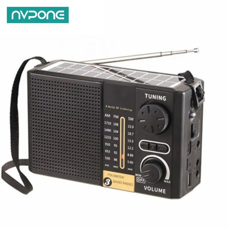 A black solar emergency radio with tuning controls and an antenna is shown.