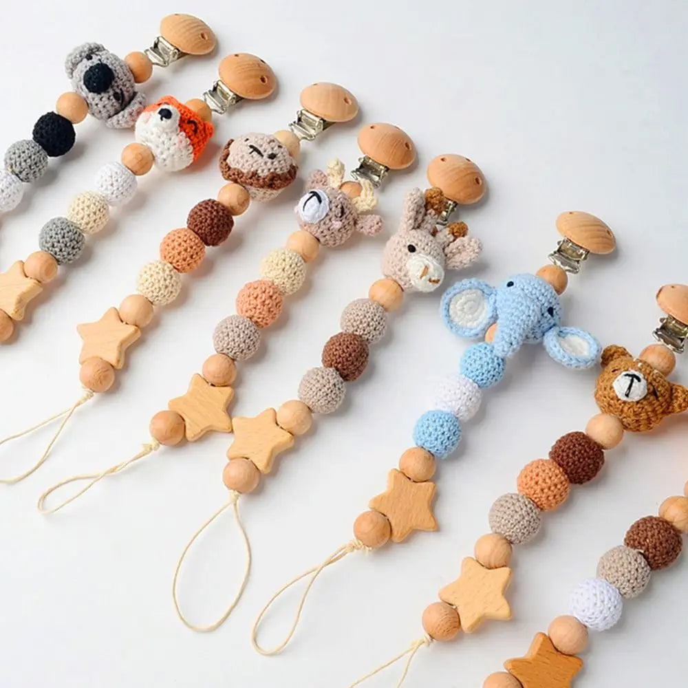 Wooden Baby Pacifier Clip with Crochet Charms