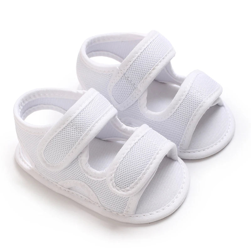 White breathable first walker sandals for baby with hook-and-loop closure