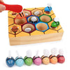A set of colorful wooden bee trap game pieces including clip beads for logic and fine motor skills development