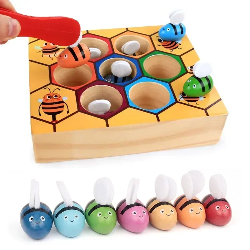 A set of colorful wooden bee trap game pieces including clip beads for logic and fine motor skills development