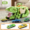 A green dinosaur transport truck toy set featuring transforming die-cast cars in yellow, blue, and green.