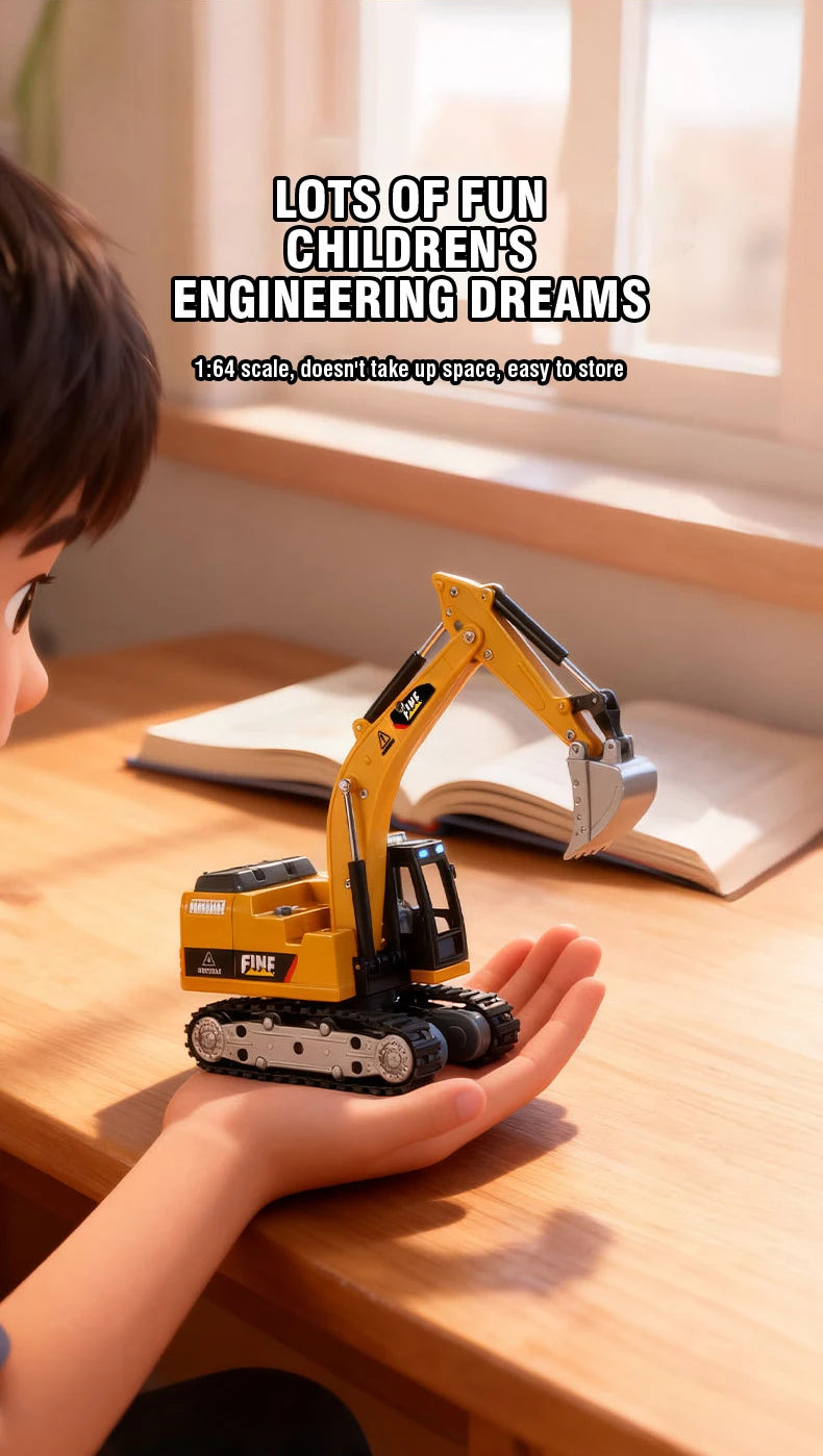 A child's hand holds a yellow mini RC excavator model on a wooden table.