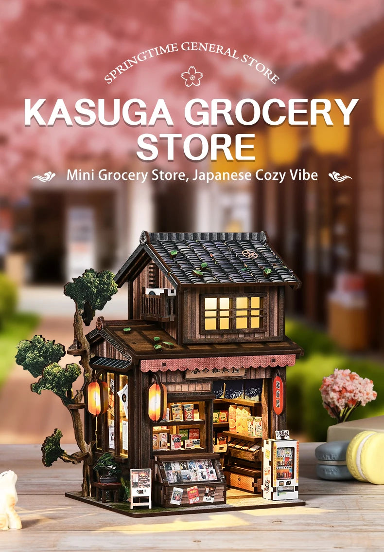 A detailed miniature Japanese grocery store diorama featuring wooden architecture and various goods.
