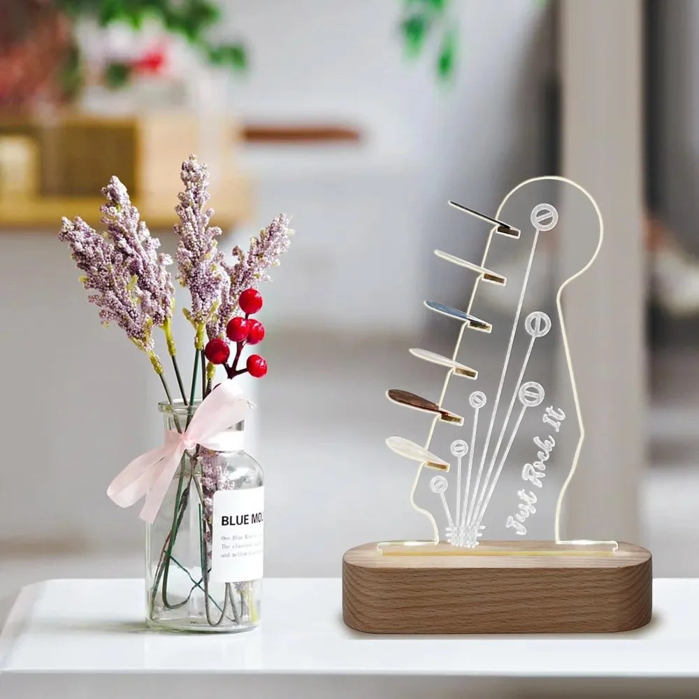 Guitar Pick Display Stand with LED Light and Wood Base
