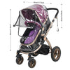 A purple universal stroller rain cover with a clear mesh top is shown on a stroller frame.