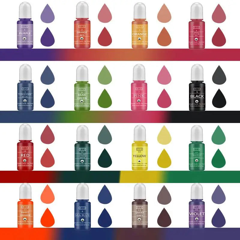 Une rangée de colorants pour bougies liquides de différentes couleurs, y compris violet, orange, rouge et noir, disposés hori