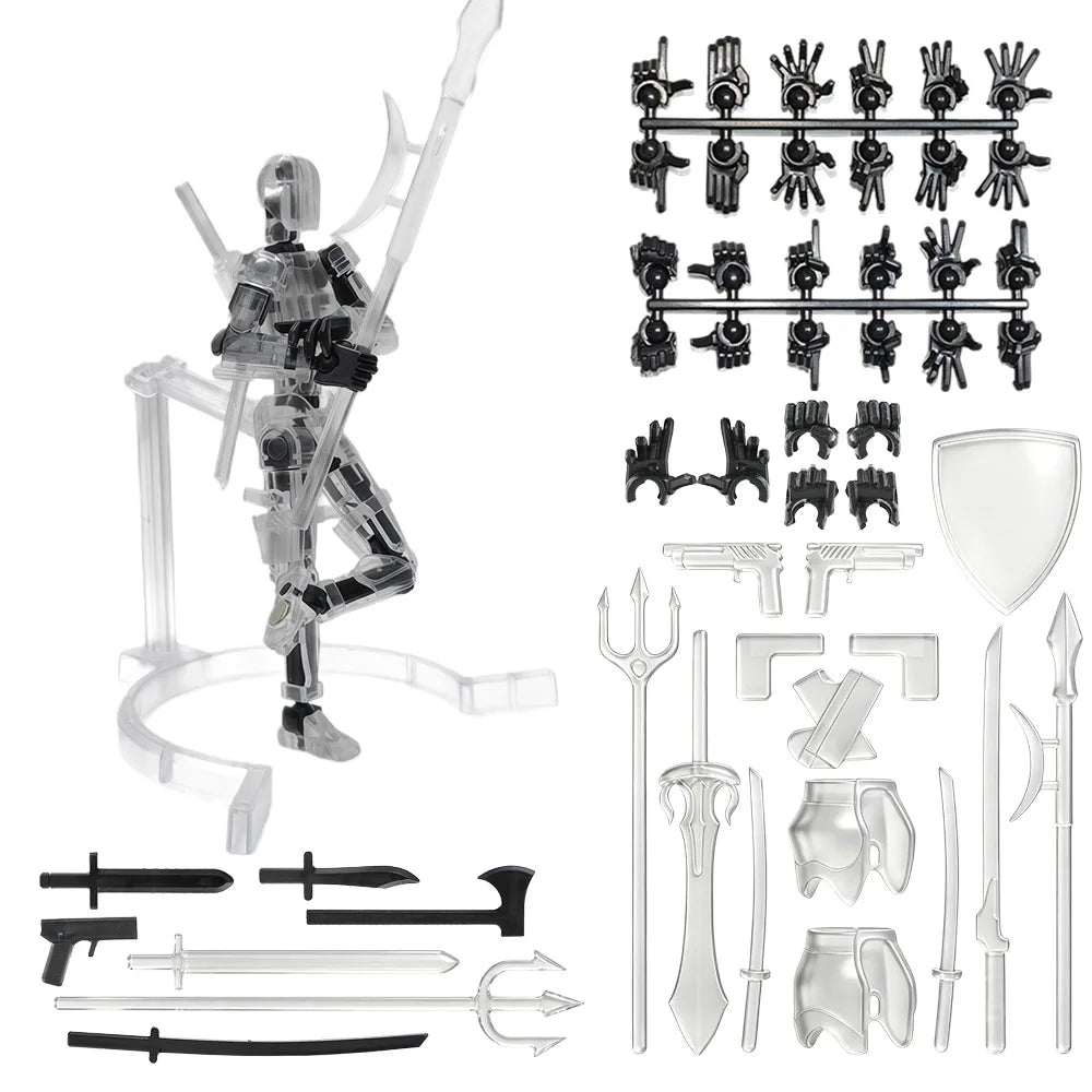 A set of magnetic multi-jointed action figures and accessories with a display stand.