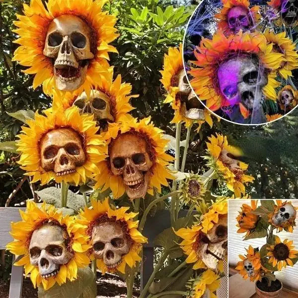 A display of skull-themed sunflowers used as garden decorations on stakes.