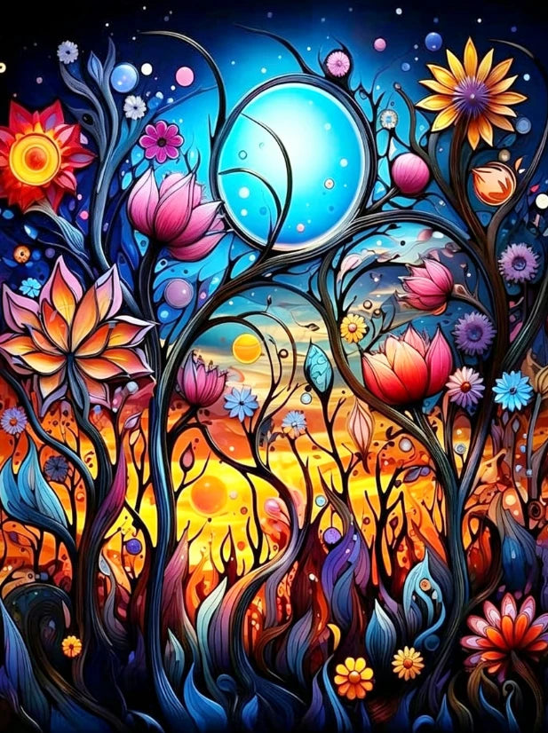 Vibrant floral and nature scene painted in a detailed, colorful style.