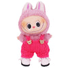 A pink Labubu plush doll wearing a hood and red strap pants.
